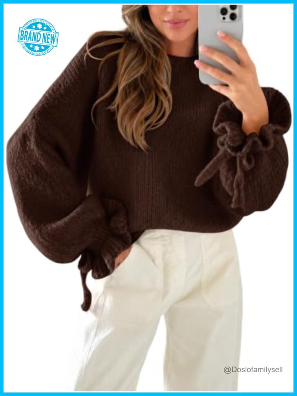 Womens Ruffle Sleeve Chunky Knit Oversized Sweater Pullover Top